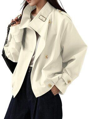 Women's Beige Retro Oversized Funnel Neck Pocket Windbreaker Cropped Trench Coat